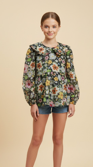 Girls Floral Print Ruffle Collar Poplin Top