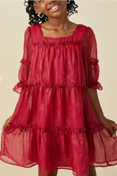 Girls Textured Ruffle Tiered Square Neck Dress