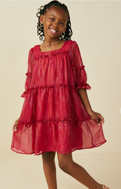 Girls Textured Ruffle Tiered Square Neck Dress