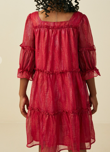 Girls Textured Ruffle Tiered Square Neck Dress