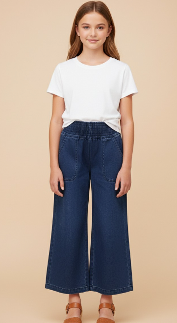 Girls Smocked Waist Straight Leg Denim Pants