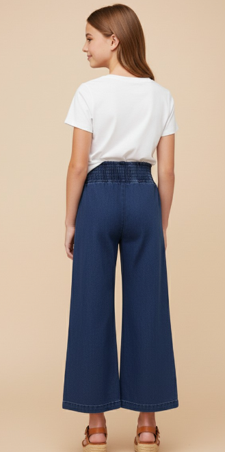 Girls Smocked Waist Straight Leg Denim Pants