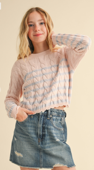 Cable Knit Striped Boxy Cropped Pullover