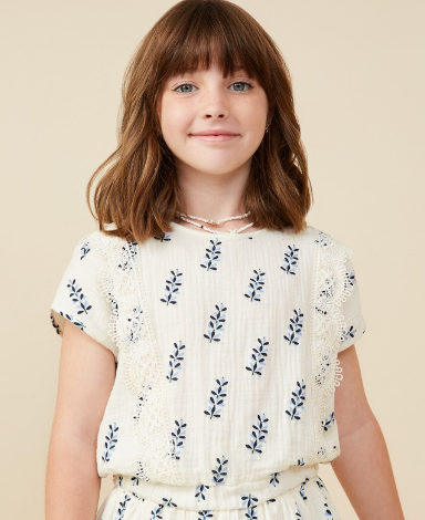 Girls Crochet Lace Trim Floral Gauze Top