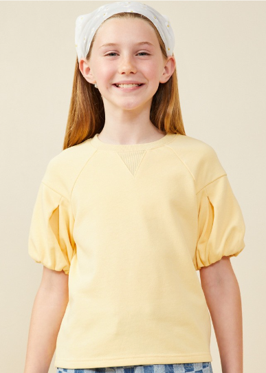 Girls Box Pleat Puff Sleeve French Terry Top in yellow