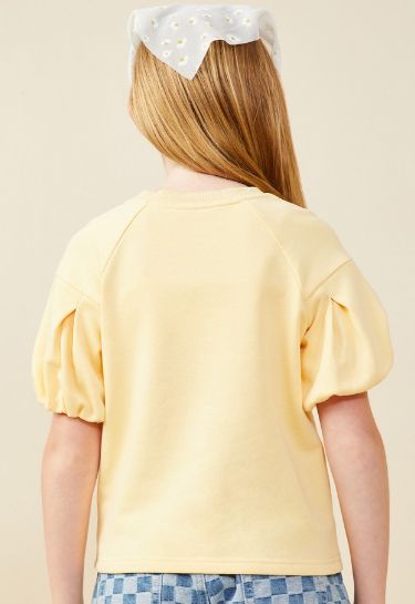 Girls Box Pleat Puff Sleeve French Terry Top in yellow