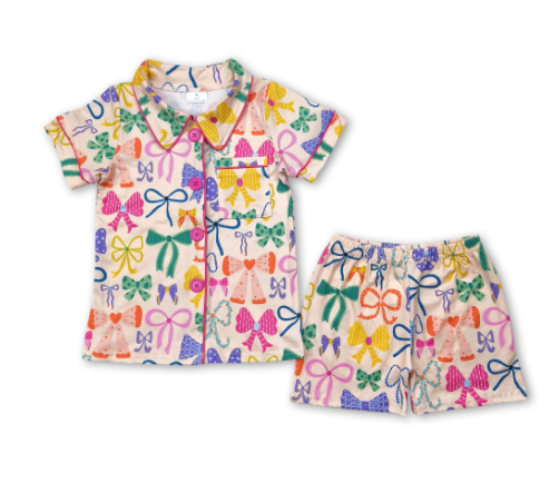 Short Sleeves Colorful Bows Girls Button Down Pjs