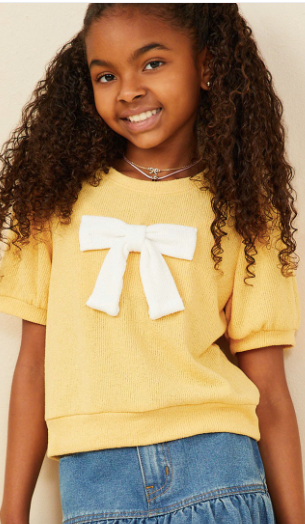 Girls Contrast Bow Detail Loose Knit Top in Mustard