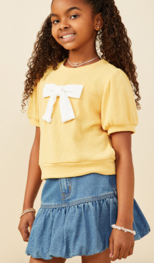 Girls Contrast Bow Detail Loose Knit Top in Mustard