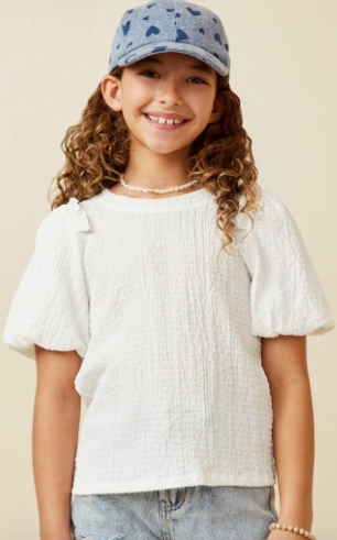 Girls Crinkled Puff Sleeve Knit Top in white