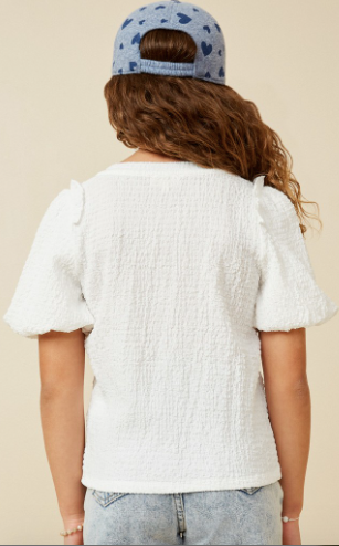 Girls Crinkled Puff Sleeve Knit Top in white
