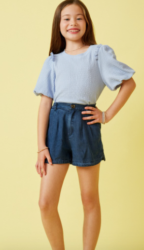 Girls Crinkled Puff Sleeve Knit Top in blue