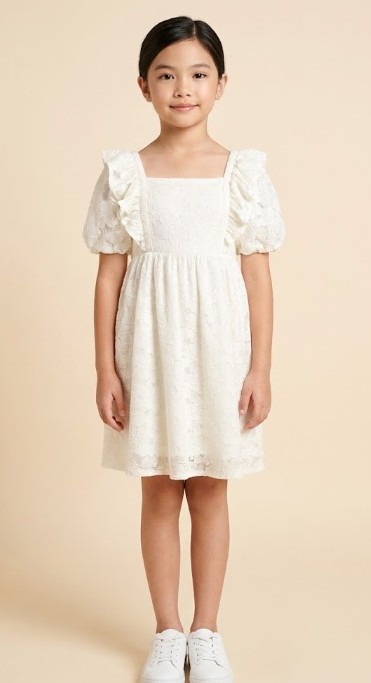 Girls Floral Lace Fabric Ruffled Square Neck Dress in Cream