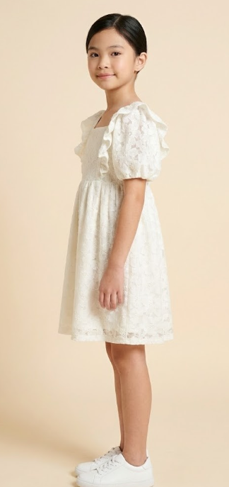 Girls Floral Lace Fabric Ruffled Square Neck Dress in Cream