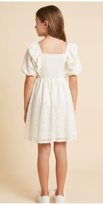Girls Floral Lace Fabric Ruffled Square Neck Dress in Cream
