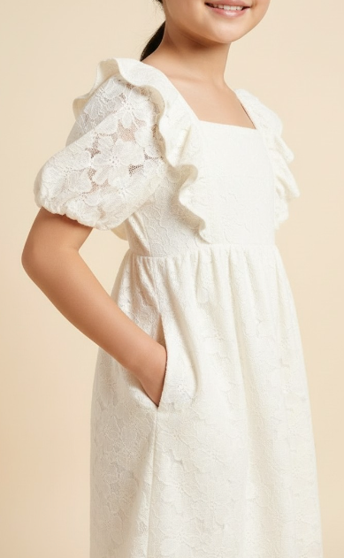Girls Floral Lace Fabric Ruffled Square Neck Dress in Cream