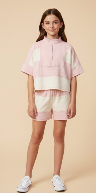 Girls Color Block Stripe Half Zip Knit Top