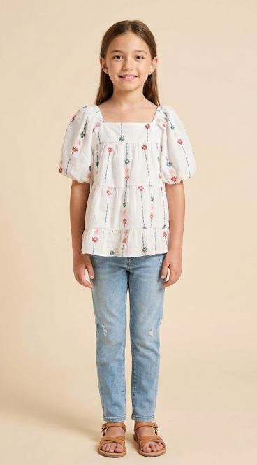 Girls Floral Embroidered Puff Sleeve Tiered Top