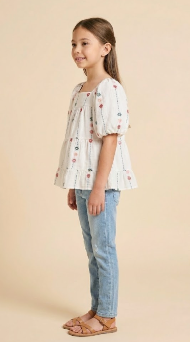 Girls Floral Embroidered Puff Sleeve Tiered Top