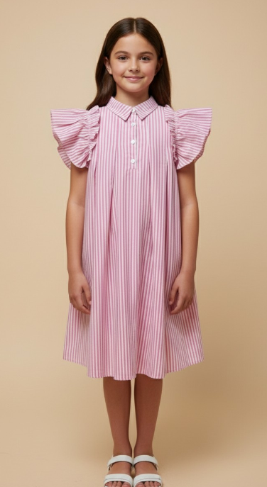 Girls Button Collared Pleated Pinstripe Dress