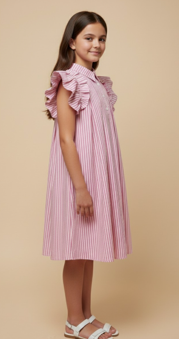 Girls Button Collared Pleated Pinstripe Dress