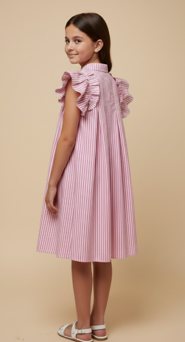 Girls Button Collared Pleated Pinstripe Dress