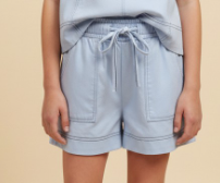 Girls Contrast Stitched Patch Pocket Knit Shorts in Light Blue
