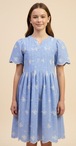 Girls Bow Embroidered Scallop Hem Pleated Dress