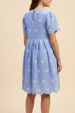 Girls Bow Embroidered Scallop Hem Pleated Dress