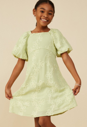 Girls Floral Embroidered Puff Sleeve Dress