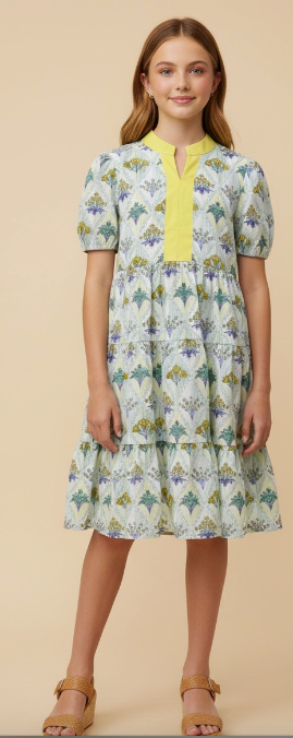 Girls Floral Block Print Contrast Collar Dress