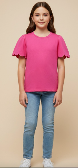 Girls Scallop Sleeve Knit T Shirt in Pink