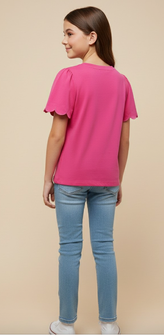 Girls Scallop Sleeve Knit T Shirt in Pink
