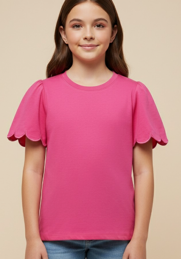 Girls Scallop Sleeve Knit T Shirt in Pink