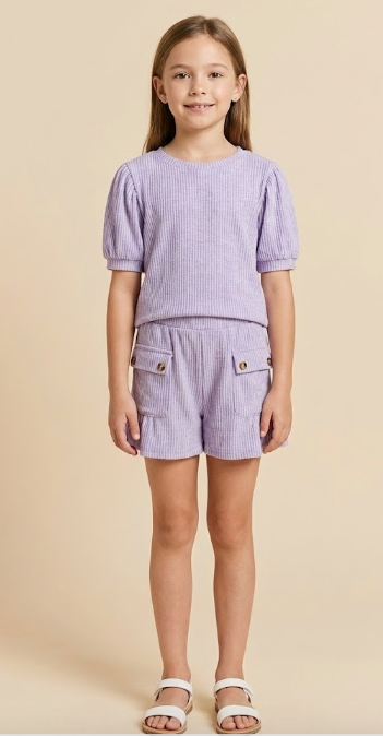 Girls Washed Look Ribbed Knit Puff Sleeve T Shirt in Lavender