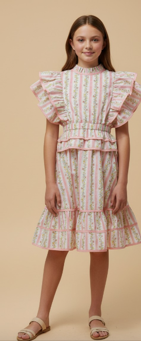 Girls Floral Striped Ruffle Detail Dress