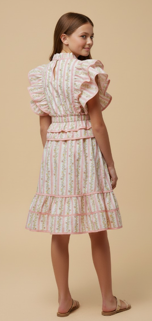 Girls Floral Striped Ruffle Detail Dress