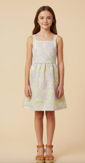 Girls Floral Jacquard Square Neck Sleeveless Dress