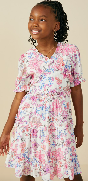 Girls Ruffle Detailed Floral V Neck Dress