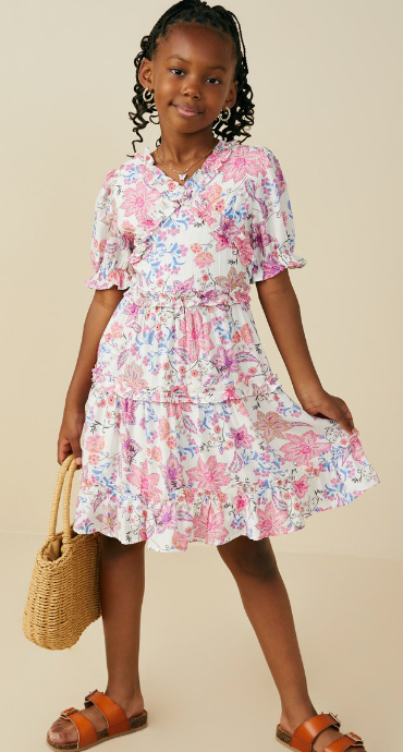 Girls Ruffle Detailed Floral V Neck Dress
