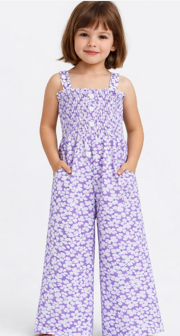 Tween Girl's Floral Romper W/smocking Top & Side Pocket