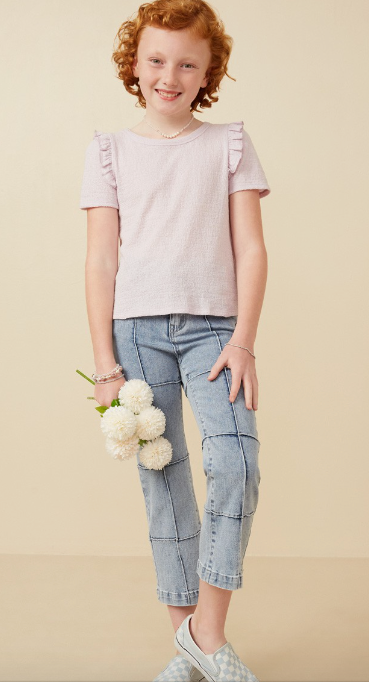Girls Textured Ruffle Shoulder Knit Top in Lavender