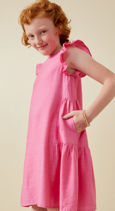 Girls Side Panel Detailed Ruffle Sleeve Dress in Pink