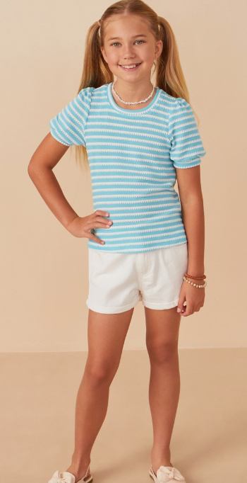 Girls Textured Stripe Puff Sleeve Knit Top in Blue