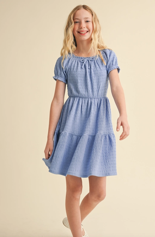 Tween Kids Girls Puff Sleeve Tiered Dress in blue