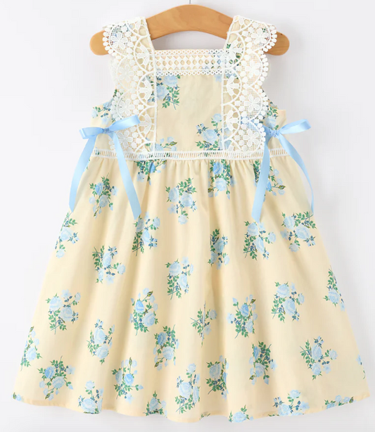 Lace-trimmed Bow Girls' Dress in Blue
