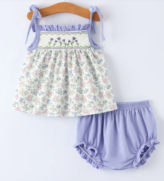 Purple Floral Smocked Embroidery Baby Girls Bloomers Set