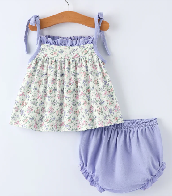 Purple Floral Smocked Embroidery Baby Girls Bloomers Set
