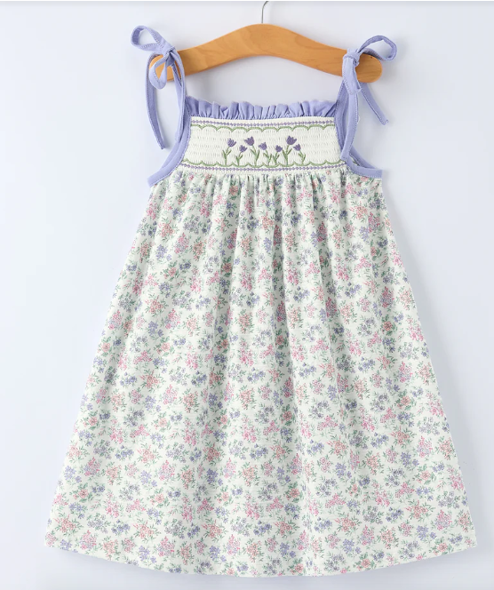 Spring Purple Floral Embroidered Smocked Bow Girl Dress