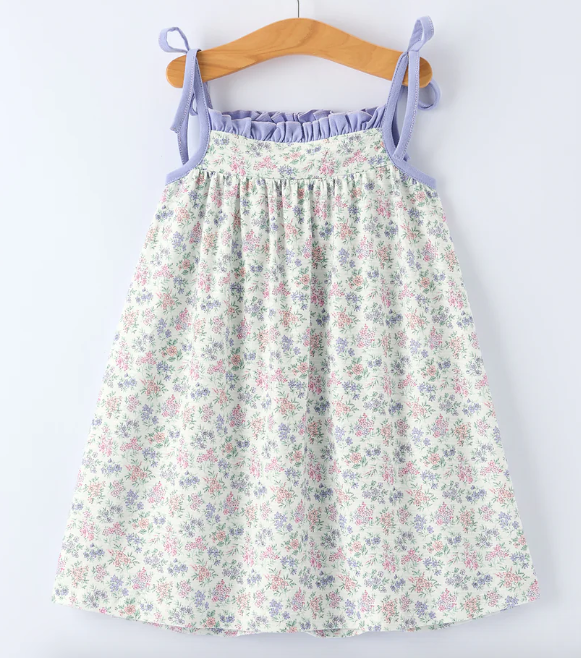 Spring Purple Floral Embroidered Smocked Bow Girl Dress